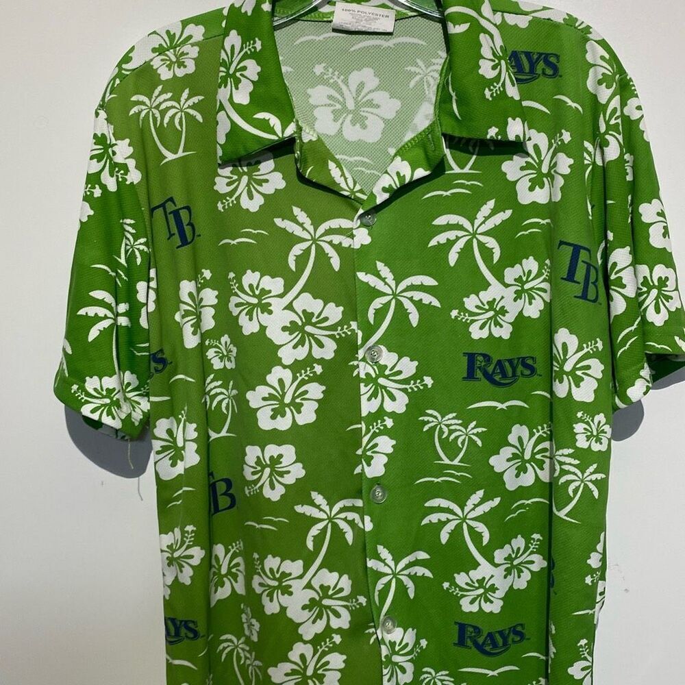 Match-Up Men's Green White Tampa Bay Rays Short Sleeve Button Up Shirt Medium